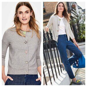 Boden Denise Embellished 3/4 Sleeve Button Front Cotton Cardigan US 8/UK 12 Gray